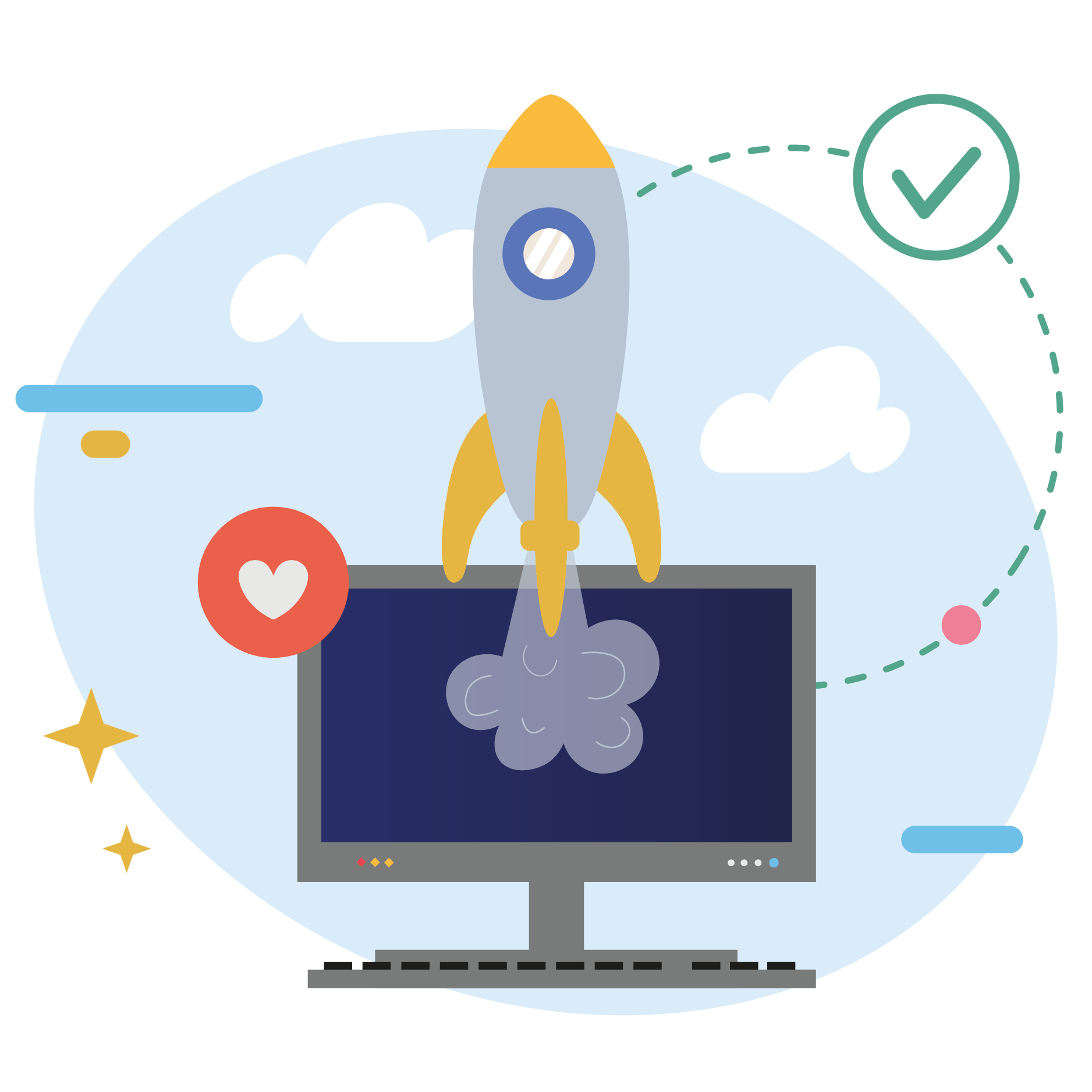 A rocket launching out from a computer to show how to take off with Code Chemistry