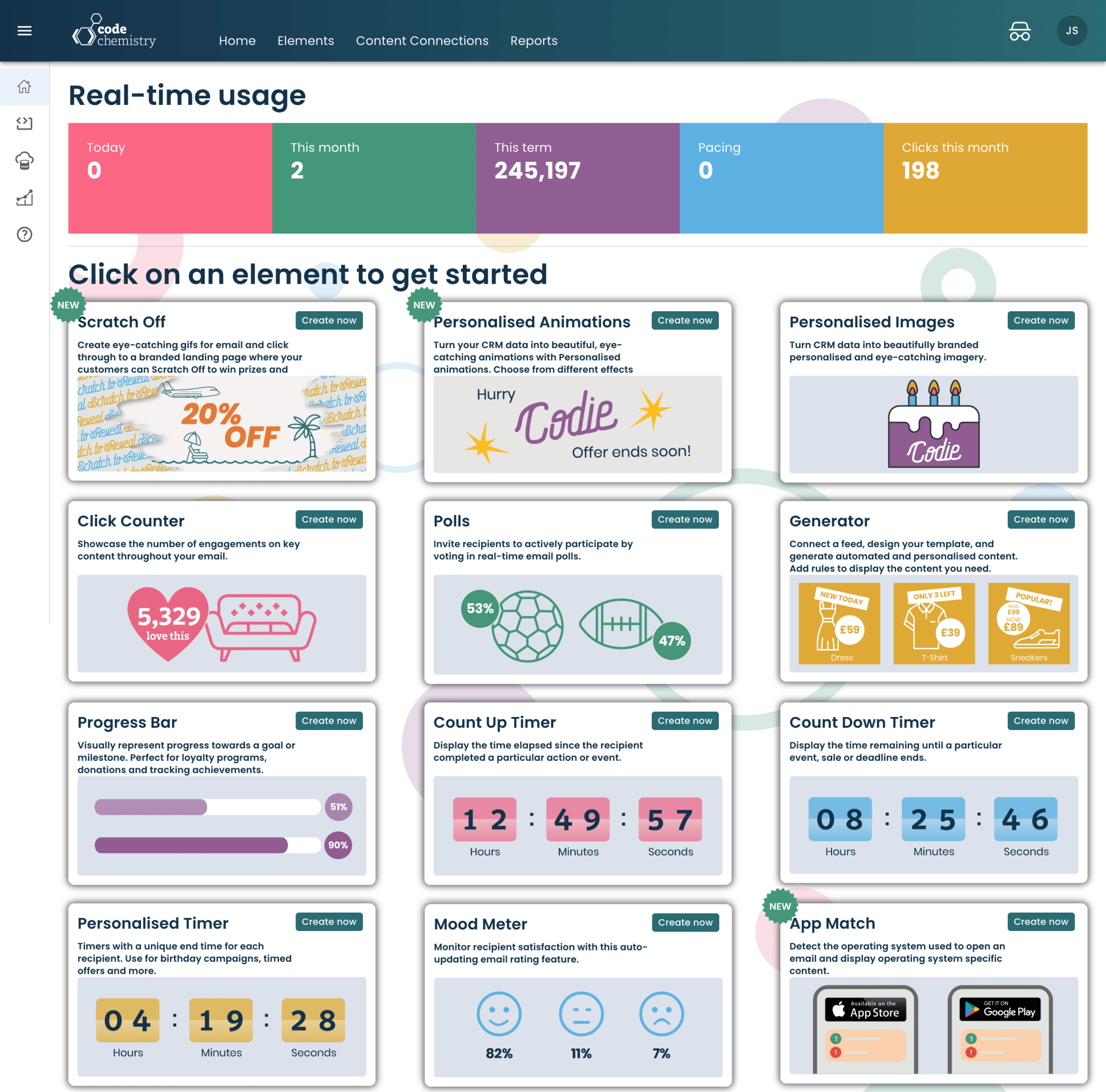 Code Chemistry Platform Home Page - elements displayed