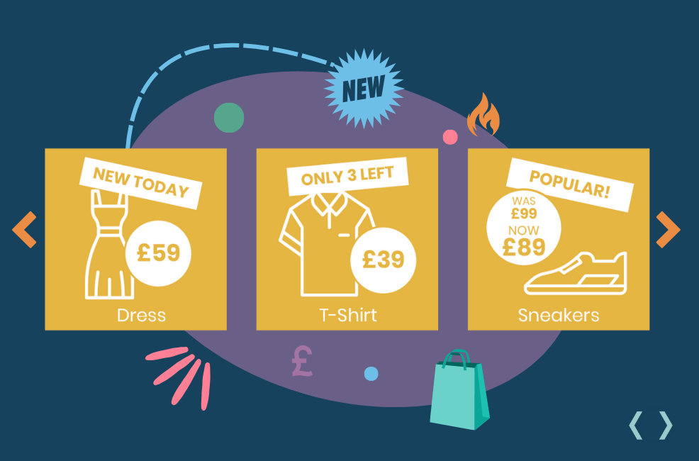 Why Dynamic Product Images Outperform Static Design - tile shows graphical example of feed-powered products in different designs from one template