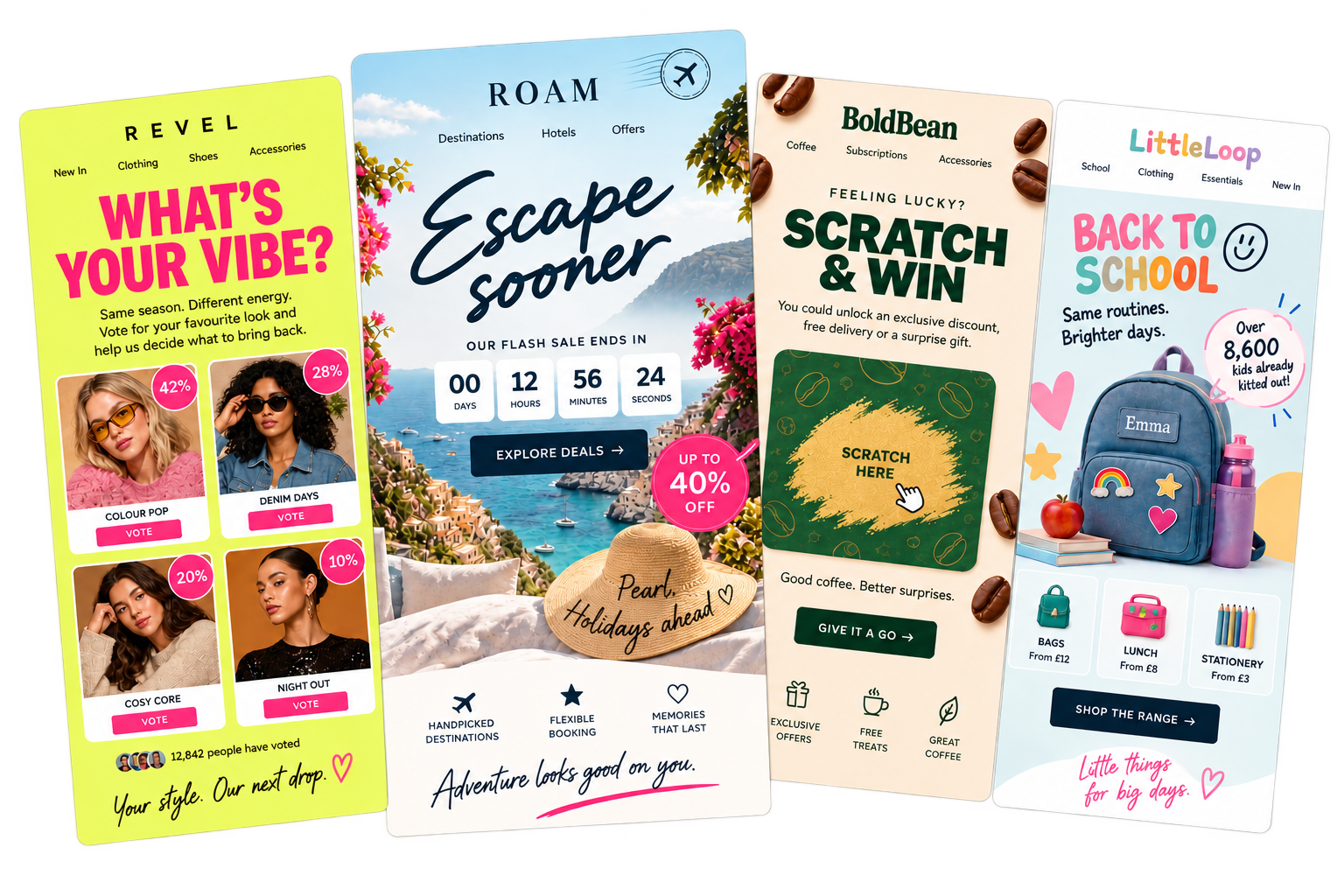 A fan of 4 emails showcasing Code chemistry's email elements - a poll, a timer and personalised image, a scratch off and a personalised product. Code Chemistry NiftyImages alternative email content examples