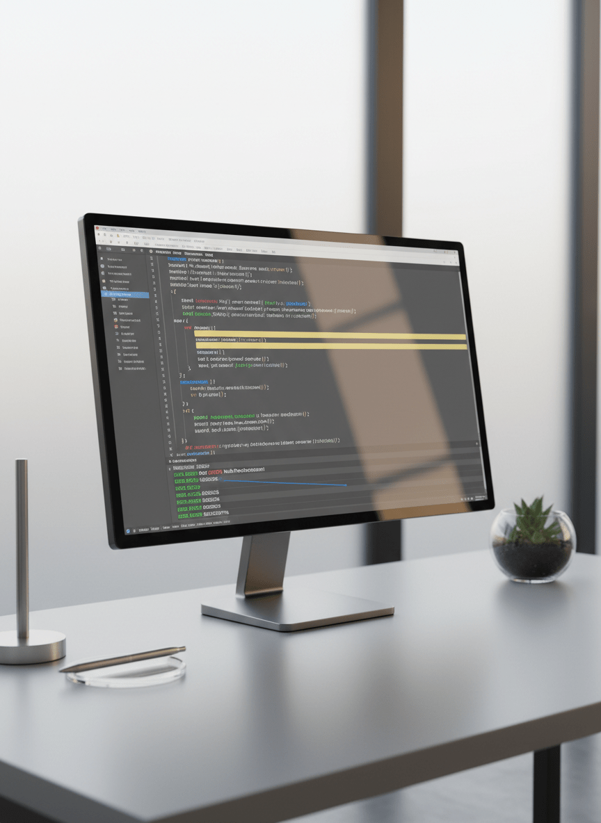 A sleek, high-resolution computer monitor displaying a clean, minimalist code editor interface with neatly organized colored syntax and a highlighted debugging console. The monitor rests on a light gray, uncluttered desk with subtle metallic and glass accents. Soft, diffused daylight filters through a frosted window behind, creating balanced lighting with gentle shadows and faint reflections on the screen’s edge. The mood is focused and professional, evoking clarity and organization. Shot from an eye-level perspective with a slightly wide frame, maintaining structured composition and neutral color tones. The overall effect is modern, photographic realism aligning with a corporate, polished blog about debugging.
