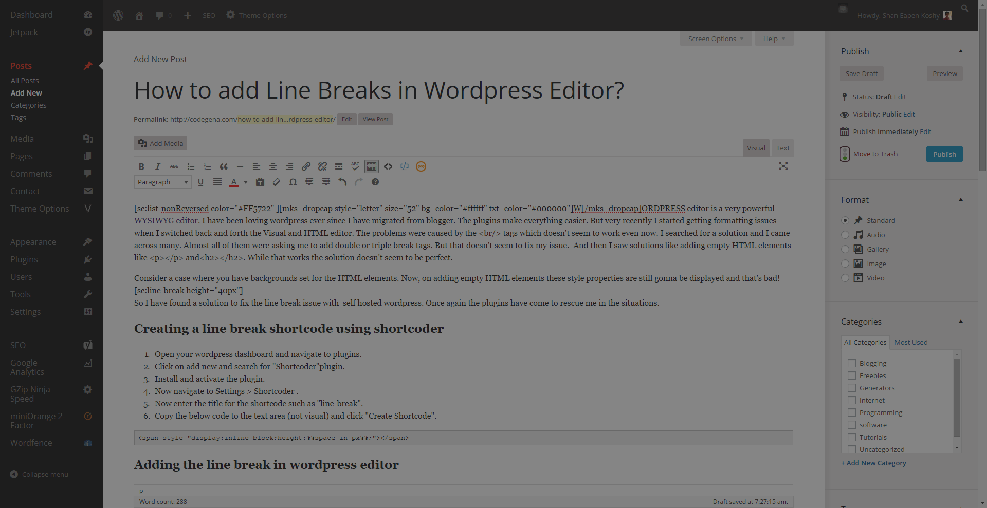 add line breaks to wordpress editor using shortcoder plugin