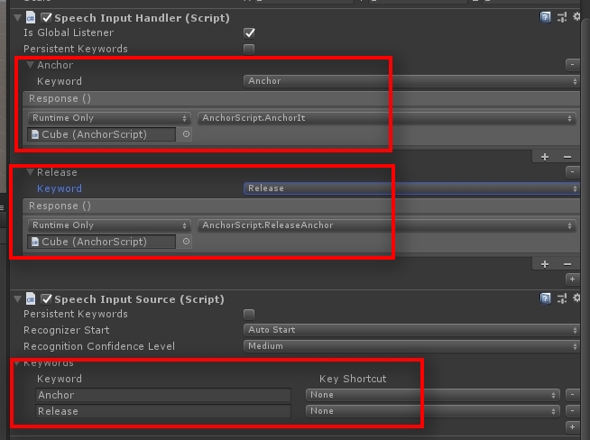  Let's add the final part for the speech commands: Under Managers, create an empty Child object and call it SpeechManager. To the SpeechManager, add the Speech Input Source and the Speech Input Handler. (I have explained how to use speech commands in detail in the tutorial: https://codeholo.com/2017/12/03/how-to-use-voice-input-in-hololens/) Under the Speech Input Source, add the keywords Anchor and Release. Under the Speech Input Handler, add the method AnchorIt() for the speech command Anchor, and the method RemoveAnchor() for the speech command Release. Don't forget to check the capability Microphone in Publishing Settings. 