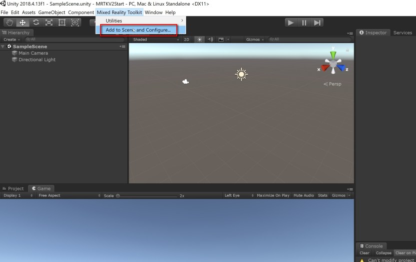  Now go to Mixed Reality Toolkit on the top and click on Add to Scene and Configure. When a window opens up to select the profile, choose the DefaultHoloLens2ConfigurationProfile if you are using a HoloLens 2, else choose the HoloLens1Profile. This is where you have all your default settings for Camera, Input etc.  