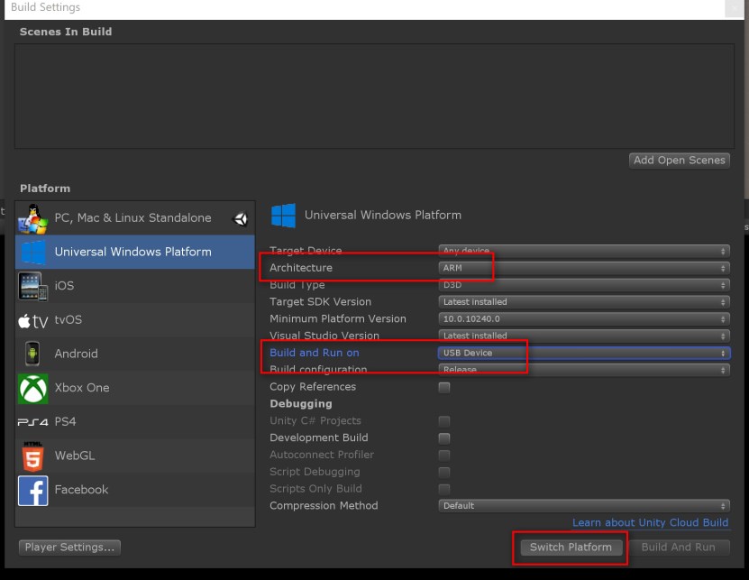  Next go on to the Build Settings window. Choose Universal Windows Platform and have the settings shown in the screenshot.  Make sure the Windows latest build 10.0.18362 appears on Minimum Platform Version dropdown Also make sure that the Visual Studio version 2019 is appearing on it's dropdown The differences from building on the HoloLens 1 to HoloLens 2 are: Architecture: ARM Build and run on:  USB device After these changes, click on Switch Platform