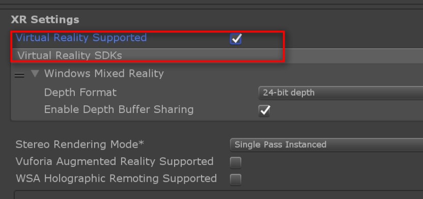  Go back to Publishing Settings on Player Settings and enable Virtual Reality Supported on XR Settings