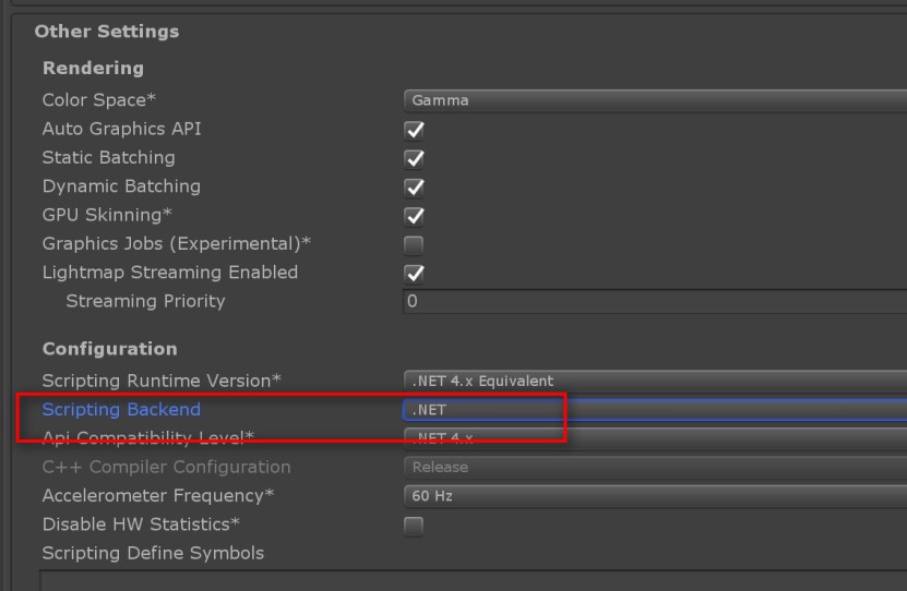  I have chosen my Scripting Backend settings as .Net. As IL2CPP builds are still taking a lot of time!
See my note on IL2CPP builds on the HoloLens towards the end of this article
<to include