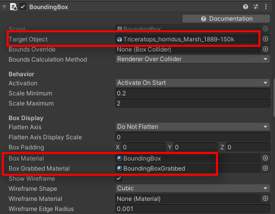  Now we also add the Bounding Box. This is now nicely stylized with the new HoloLens 2.  Click on the Triceratops and Add Component and add the Bounding Box We need to now add a bunch of assets from the MRTK into the Inspector values of the Bounding Box For the Bounding Box settings, add the Triceratops as the Target Object. In the Box Material add BoundingBox In the Box Grabbed Material add BoundingBoxGrabbed