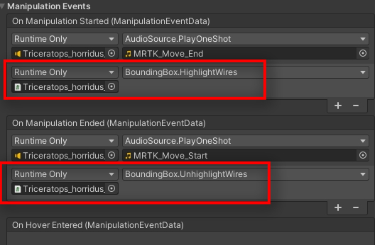  We will also add one last thing to the Manipulation Handler, in order for the Bounding Box edges to behave the same way while moving it using Manipulation Handler's far interaction.  For this go to your Manipulation Events under Manipulation Handler, and add the BoundingBox.HighlightWires with OnManipulationStarted and BoundingBox.UnHighlightWires with OnManipulationEnded  