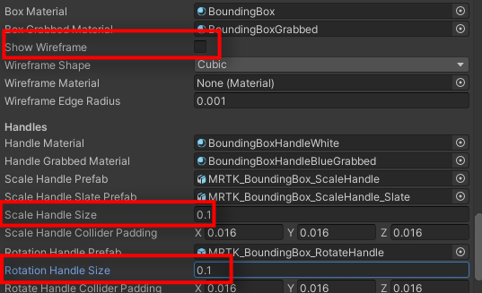  Go to the BoundingBox Scale Handle Size and make that bigger. I made it to 0.1. Also the same for Rotation Handle Size.<br /> Another annoying thing which I like to remove is this blue box around the dino when it starts. I want it to only appear when I start the manipulation. So uncheck the Show Wireframe.<br /> Ok, build and deploy once more. Don't forget same folder unless your app folder gets corrupted due to some reason and you have to create a new one and build and deploy it onto that<br /> Now you'll see the handles only being shown when you go near the dino or if you gaze at the edges of the dino.  Or the whole BoundingBox animates itself and highlights it's wires (remember the HighlightWires method we added to the ManipulationHandler?) when you go near because Proximity is active or when you gaze at the edges.<br /> Since far Manipulation is also enabled, you can also gaze at the dino and from far do the pinch action with your hands (one or two handed depending on what you have enabled). You will see the hand rays grabbing the dino and then you can turn it or scale it. So, you do not have to be close to manipulate an object.<br /> <insert photo of far manipulation here