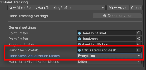  Once you clone it, the settings for Hand Tracking become editable. Make sure the Hand Mesh Prefab is set to ArticulatedHandMesh and HandMeshVisualization Modes is set to Everything. The HandJoint Visualization Modes shows the joints tracked as well. But we don't need this.<br /> Cool, so now build and deploy one last time.<br /> Now you should be able to see a mesh on your hands when you start your app and also while manipulating etc. This I found especially useful because it lets me know when exactly I have pinched a handle on the object to rotate or move it. And this is also useful when you want to touch some buttons or other interactable objects and know where exactly you touched.<br /> Your app output should look something like the video below:<br /> <insert video here