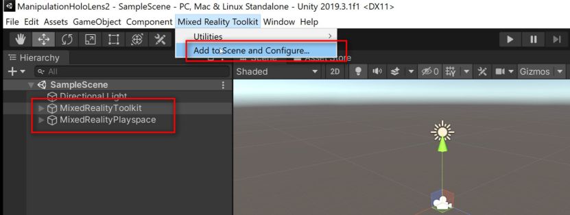  4. Click on Mixed Reality Toolkit at the top and click on Add to Scene and Configure. This will add the Mixed Reality essentials to the project such as the Playspace and the Toolkit.  The Playspace has the Main Camera and the Toolkit has the essential things you'd need for your project. Feel free to expand the two and check out what's in there