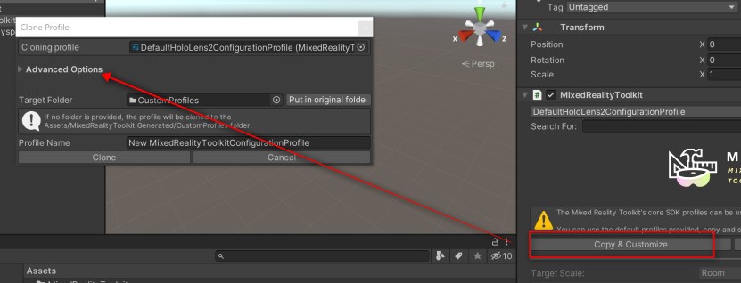   6. You'll notice that none of the behaviours like camera, input, diagnostics etc are editable. But we'd like to change some things for this tutorial. For example, turning off the annoying diagnostics (I find it interfering with the view). For this, there are two ways. You can either Clone the profile or Click on Copy & Customize. I haven't noticed any difference between the two. Both clicks bring up the same popup. If I do find out the difference, I will update it here. So let's click on Copy & Customize, and that brings up a popup.  
