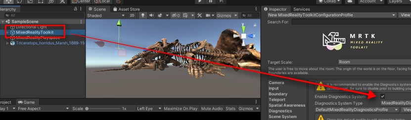  Ok, now let's make the dinosaur big.  I increased the scale to 10,10,10.  Let's also disable the Diagnostics tab. Note that this is especially useful when you have a lot of performance affecting modules in your project. This will show you exactly at which point it affects the performance. Since we have a low res model and we don't do any complex stuff, we need this off.  Click on the MixedRealityToolkit and on the Diagnostics tab. Then uncheck the Enable Diagnostics System. 