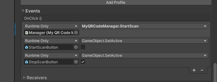  So now, returning to MyQRCodesManager, let's assign the start and stop functions to the button pressing accordingly. We want to be able to do three things when we press the StartScanButton: 1. Call the StartScan() function on MyQRCodeManager 2. Don't show the StartScanButton 3. Show the StopScanButton Do all of these accordingly with the OnClick() event on the button 