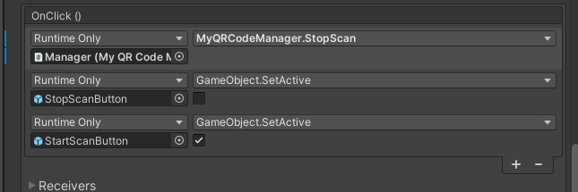  We also need to do three things when we press the StopScanButton: 1. Call the StopScan() function in MyQRCodeManager 2. Show the StartScanButton 3. Don't show the StopScanButton Now if we look at the flow of our code, when we press the StartScanButton, the StartScan() function in MyQRCodeManager calls the StartQRTracking() function on QRCodesManager.  Simultaneously, the QRCodesVisualizer script sets up its dictionary to maintain QRCodes. It also subscribes to the events on adding, updating, removing, so that the visualizer can act accordingly.  You will notice in the Update() method, it calls HandleEvents() which will based on the corresponding event- such as updating of QRcode, removing or adding will handle the visualization and data change accordingly. There are more comments within the scripts to explain what the code does. 