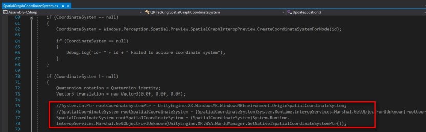  By the way, I have tried this code with Legacy XR and it also works. The only change I had to make was in SpatialCoordinateSystem.cs. Comment out the XR related lines on 75 and 76 and add line 77,78 Thanks to Edd Smith from the HoloDevelopers Slack Community who gave me this solution!