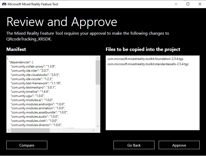  The next screen will be a Review and Approve. Click on Approve.  The final screen will be that the project has been successfuly updated. If you go to your project now in Unity, it will refresh and load all those packages.  