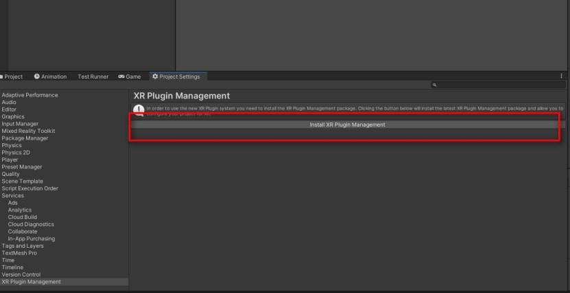  3. Now for the XR SDK: Go to Player-Project Settings and under XR Plugin Management, click on Install XR Plugin Management. This will take a few minutes and install the XR SDKs into your project