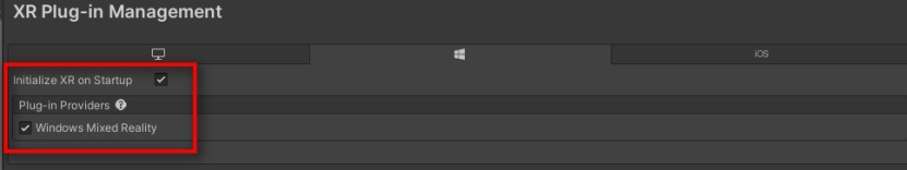  Switch to the Windows Platform and enable the Windows Mixed Reality option. This again takes a few minutes to install the WindowsMR plugin into your project. Also make sure that Initialize XR on Startup is enabled.  