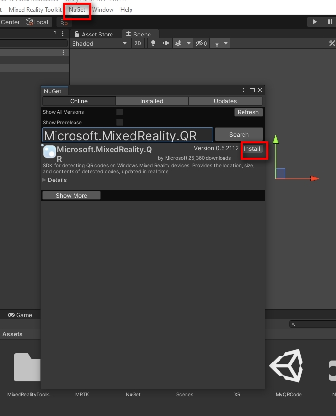  Then you will see a menu item called Nuget when it has been successfully imported. Click on Manage Nuget Packages and search for   Microsoft.MixedReality.QR package and install it.   