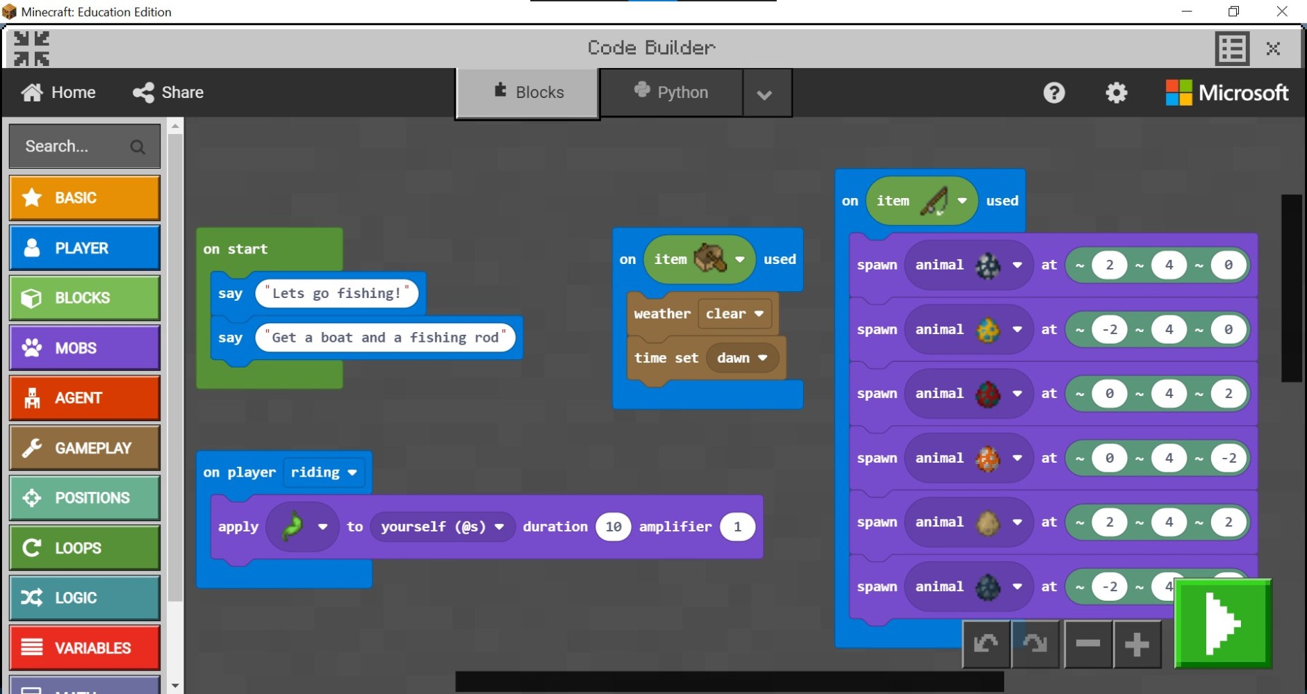 Block-based coding in Minecraft