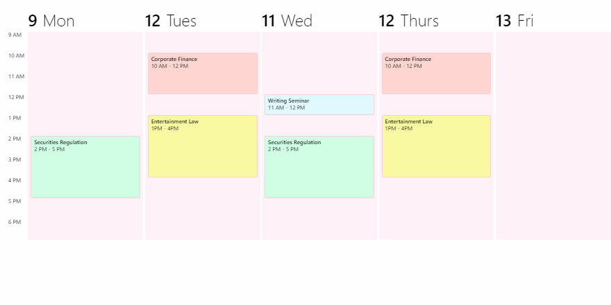 CSS Only Five-day Calendar Layout With 9-6 Office Hour View – CodeMyUI