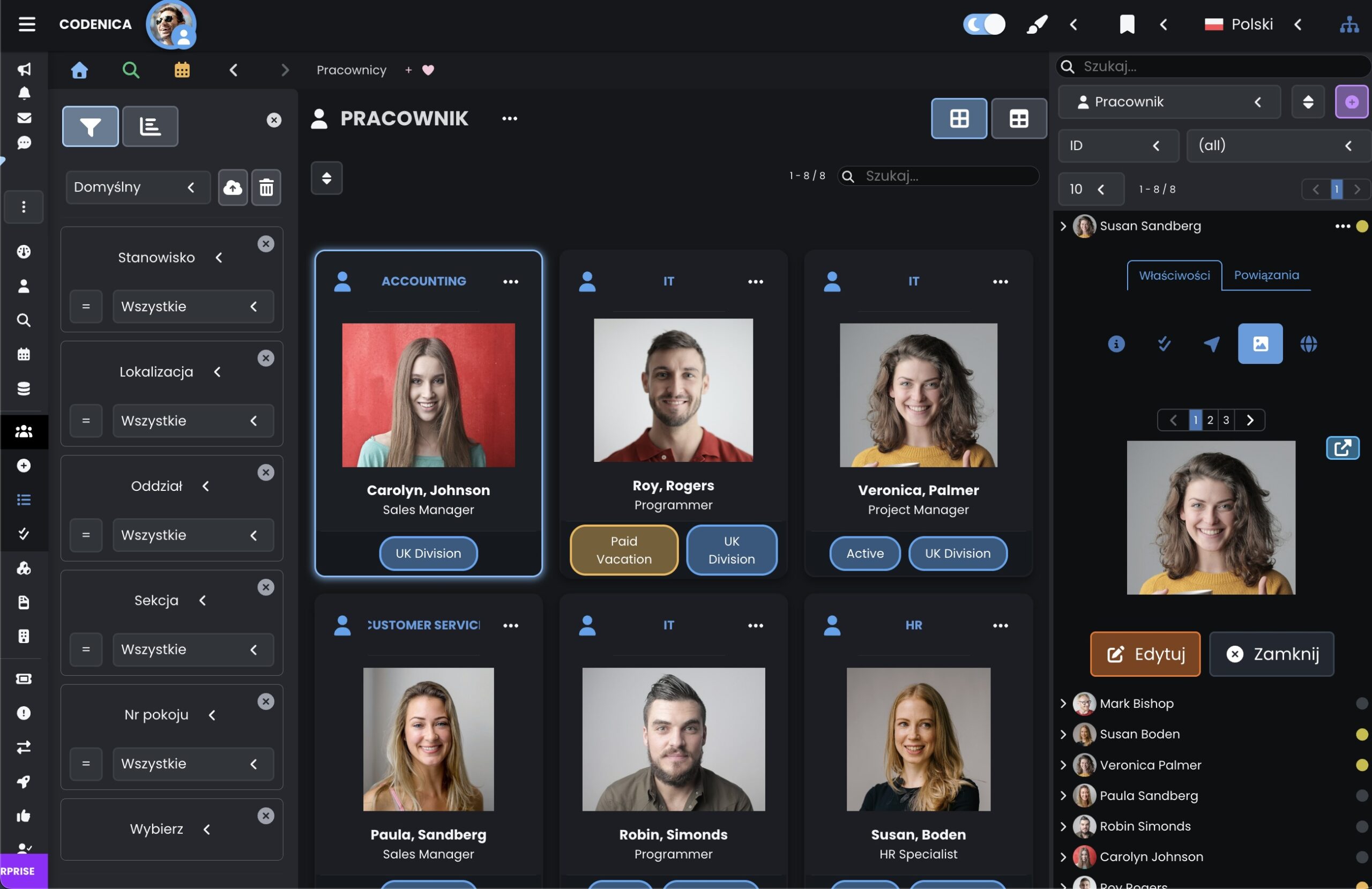 Aplikacja do zarządzania zasobami IT - zarządzanie klientami i pracownikami - tryb ciemny - Codenica (ITSM & ITAM)