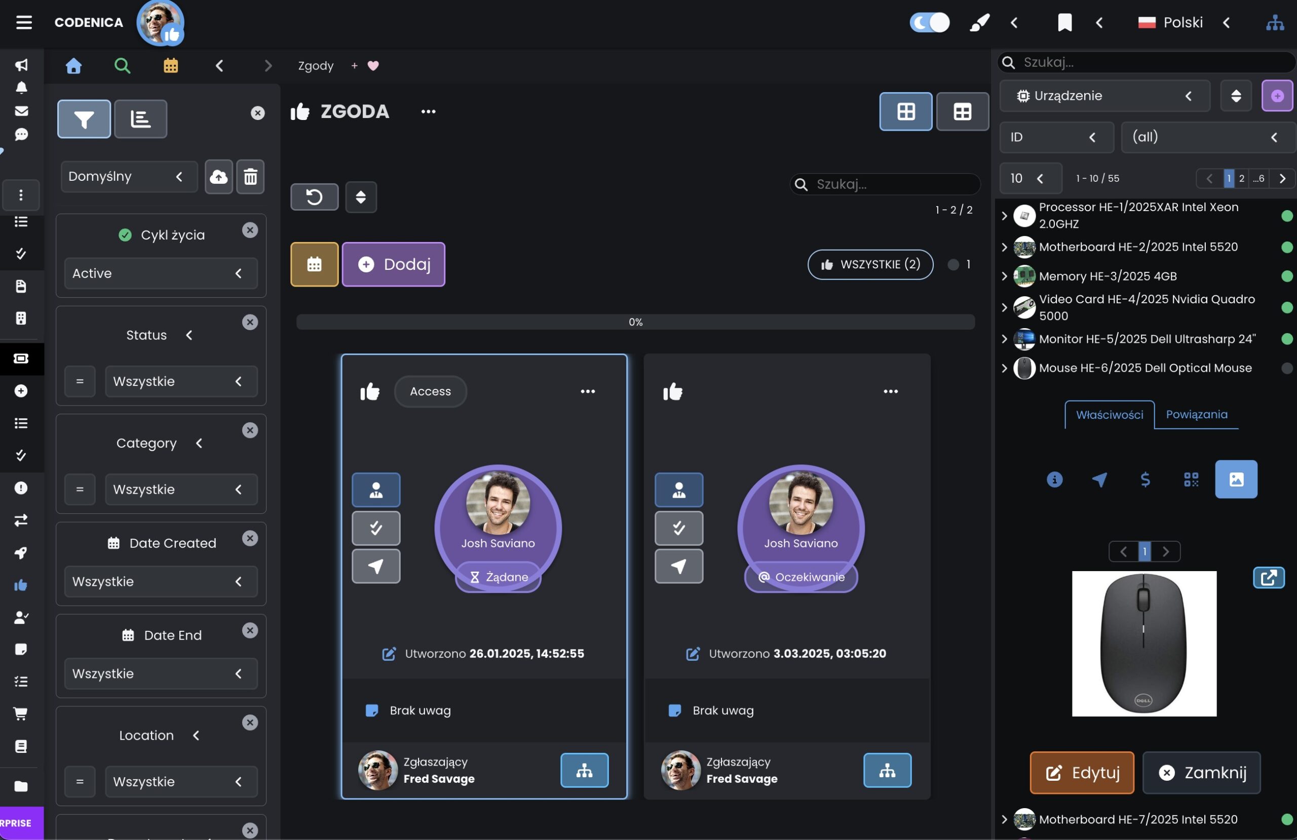 System ticketowy helpdesk i service desk - zarządzanie zgodami - tryb ciemny - Codenica (ITSM & ITAM)