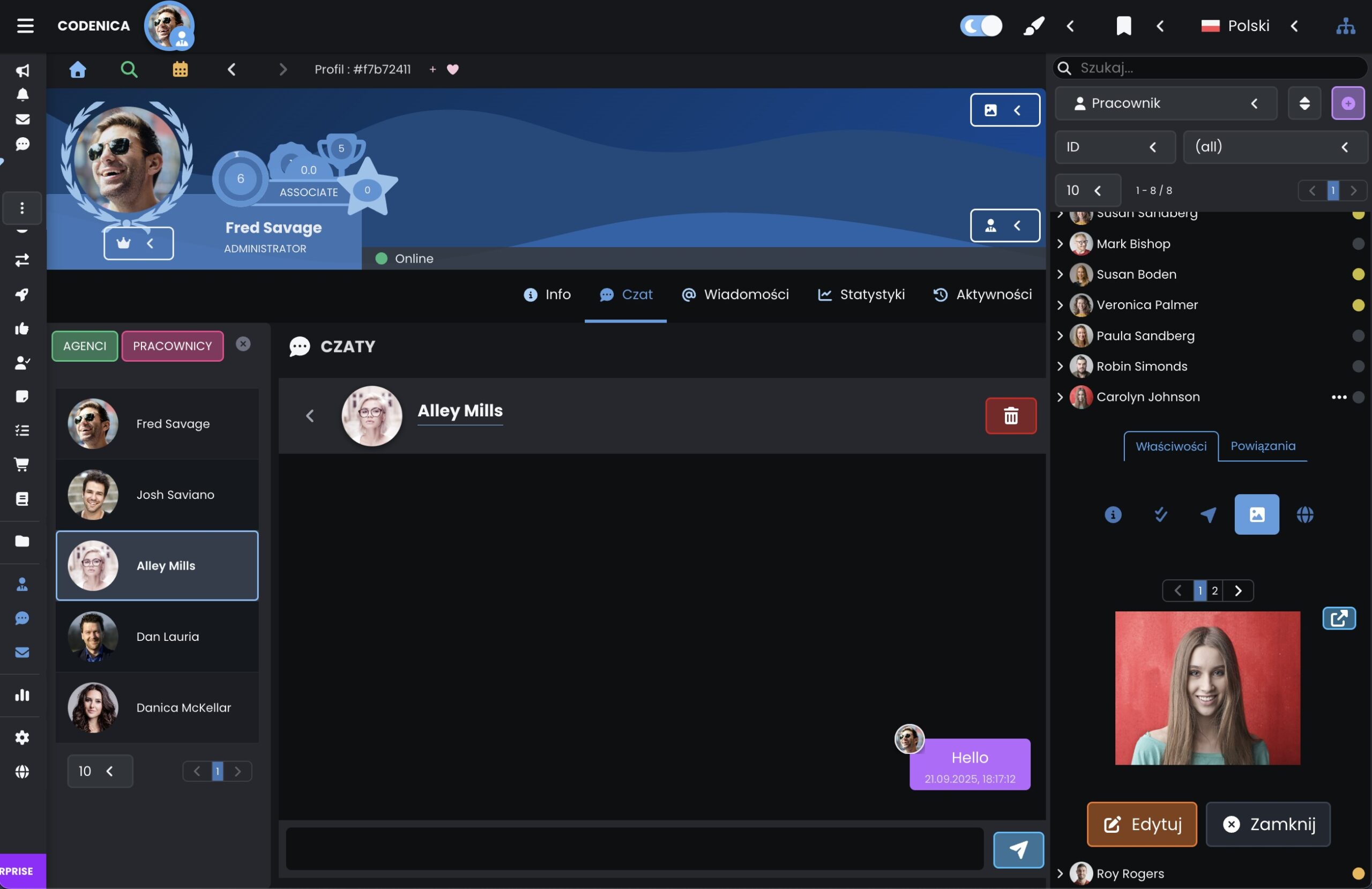 Czat firmowy w systemie ticketowym helpdesk i service desk - tryb ciemny - Codenica (ITSM & ITAM)