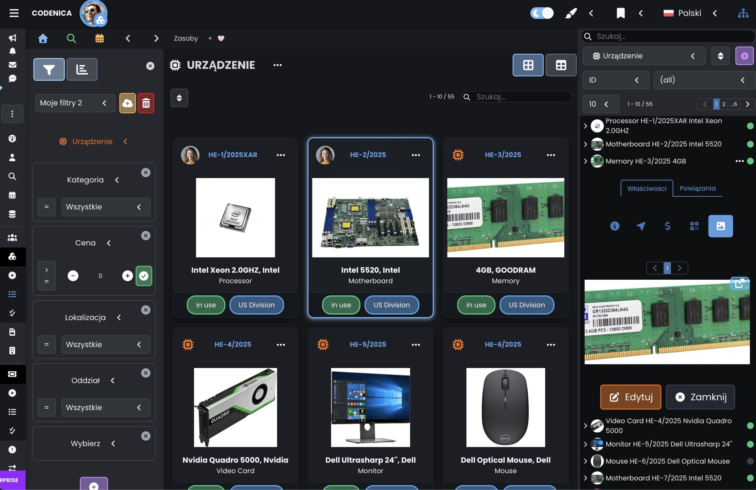 Aplikacja do ewidencji i inwentaryzacji IT - tryb ciemny - Codenica (ITSM & ITAM)