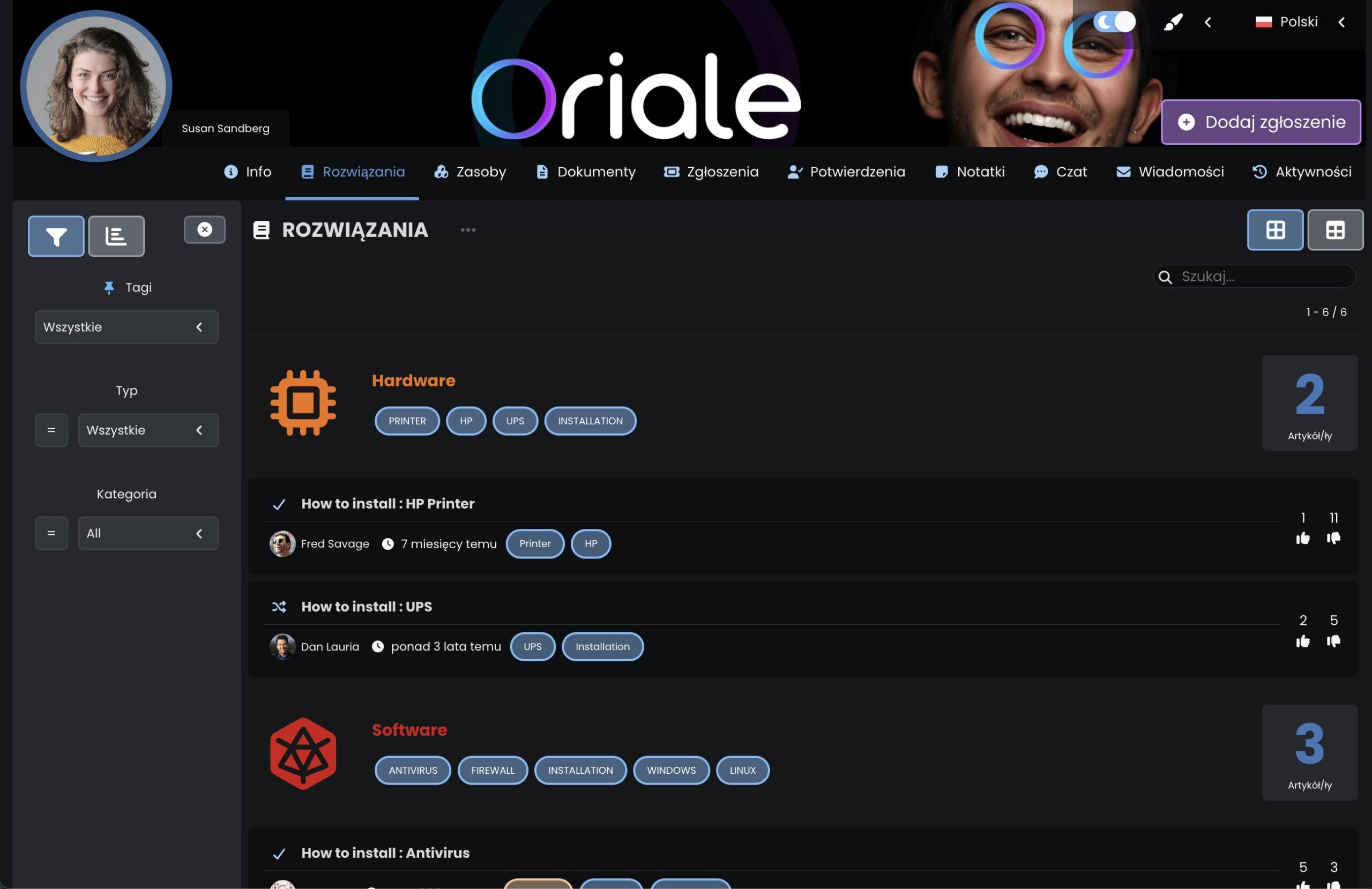 System obsługi klienta - baza wiedzy i tagi - tryb ciemny - Codenica (ITSM & ITAM)