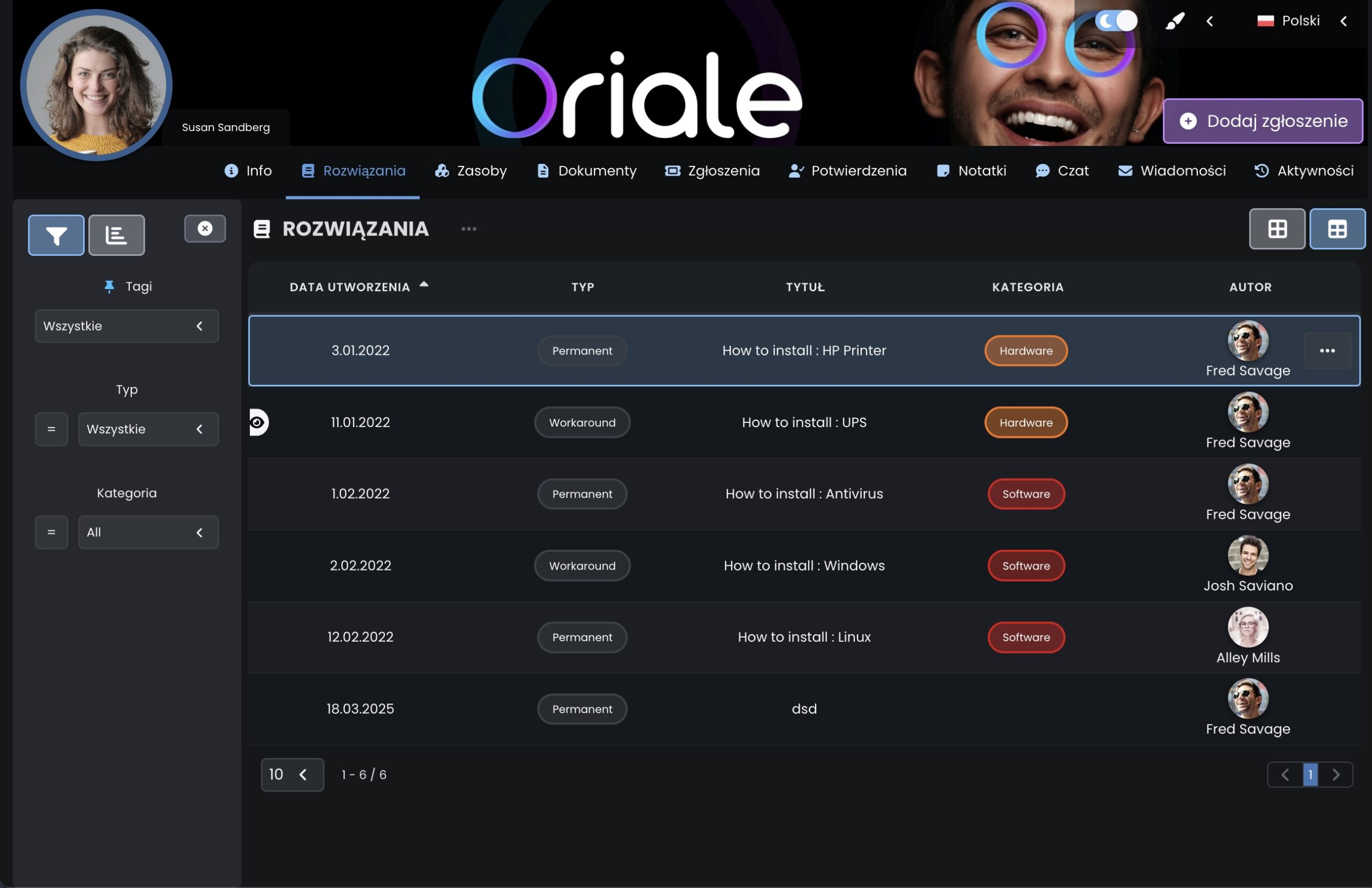 System do obsługi klienta - baza wiedzy - tryb ciemny - Codenica (ITSM & ITAM)