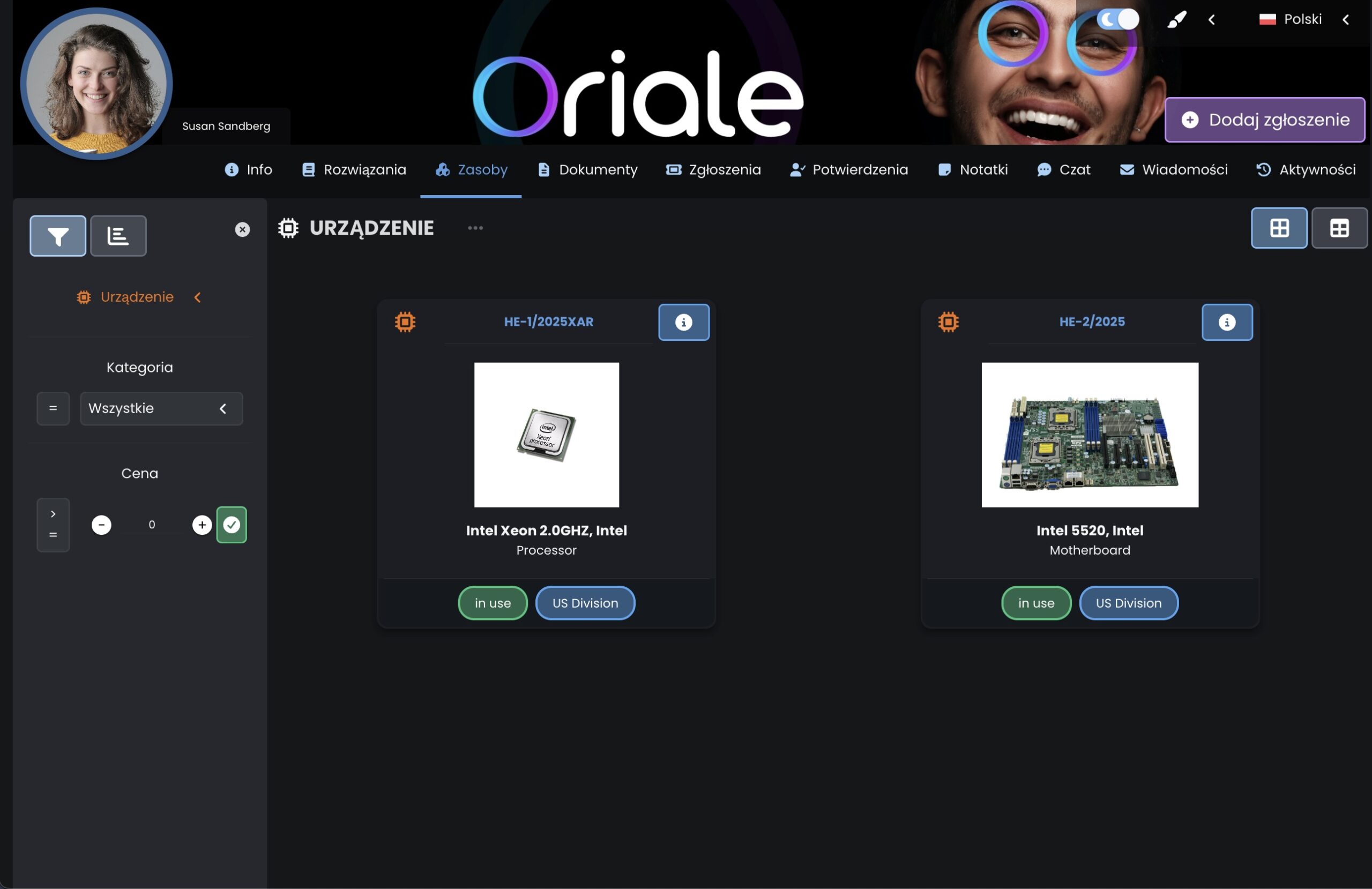 System obsługi klienta - zarządzanie zasobami w portalu - tryb ciemny - Codenica (ITSM & ITAM)