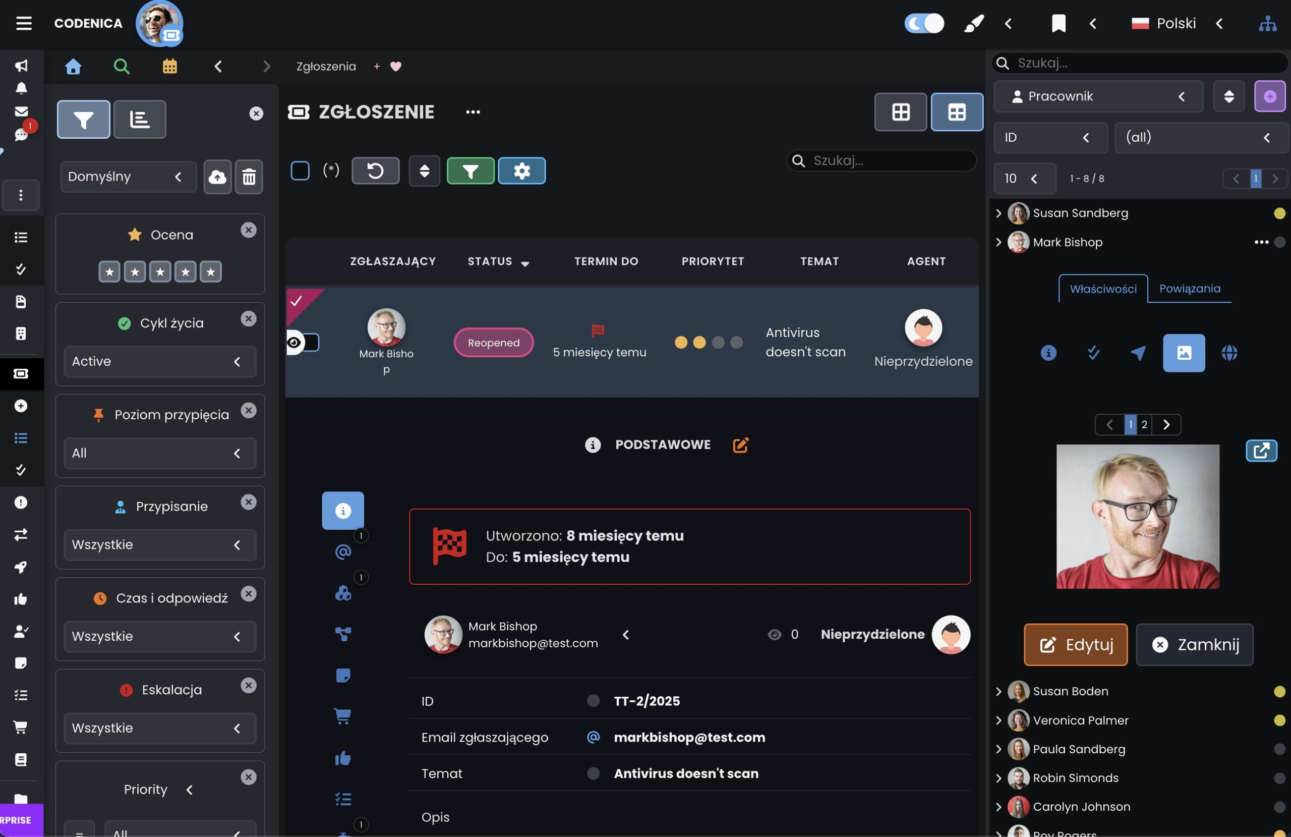 System do obsługi zgłoszeń helpdesk - ticket - tryb ciemny - Codenica ITSM + ITAM