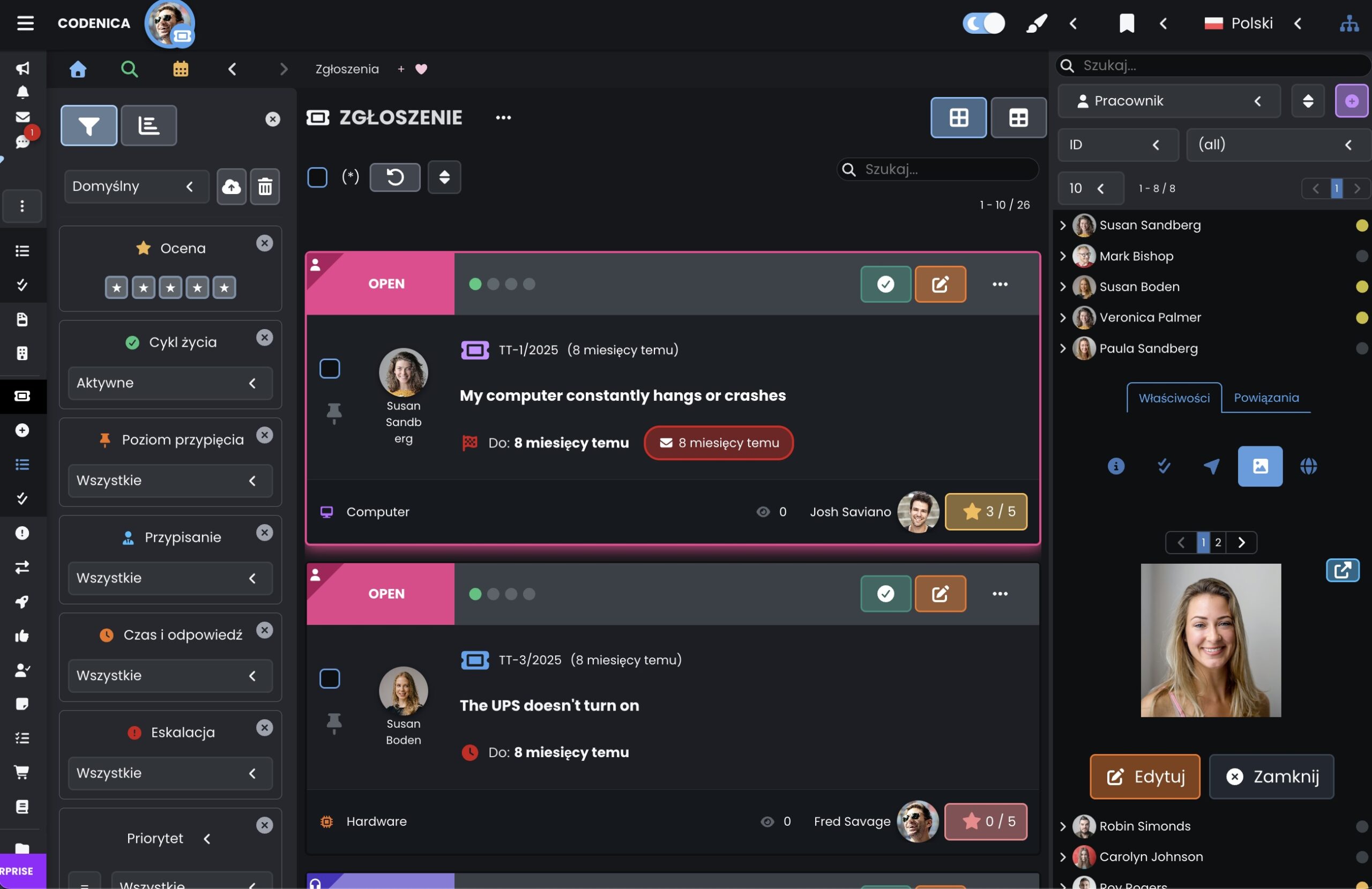 System do obsługi zgłoszeń helpdesk - tryb ciemny - Codenica ITSM + ITAM