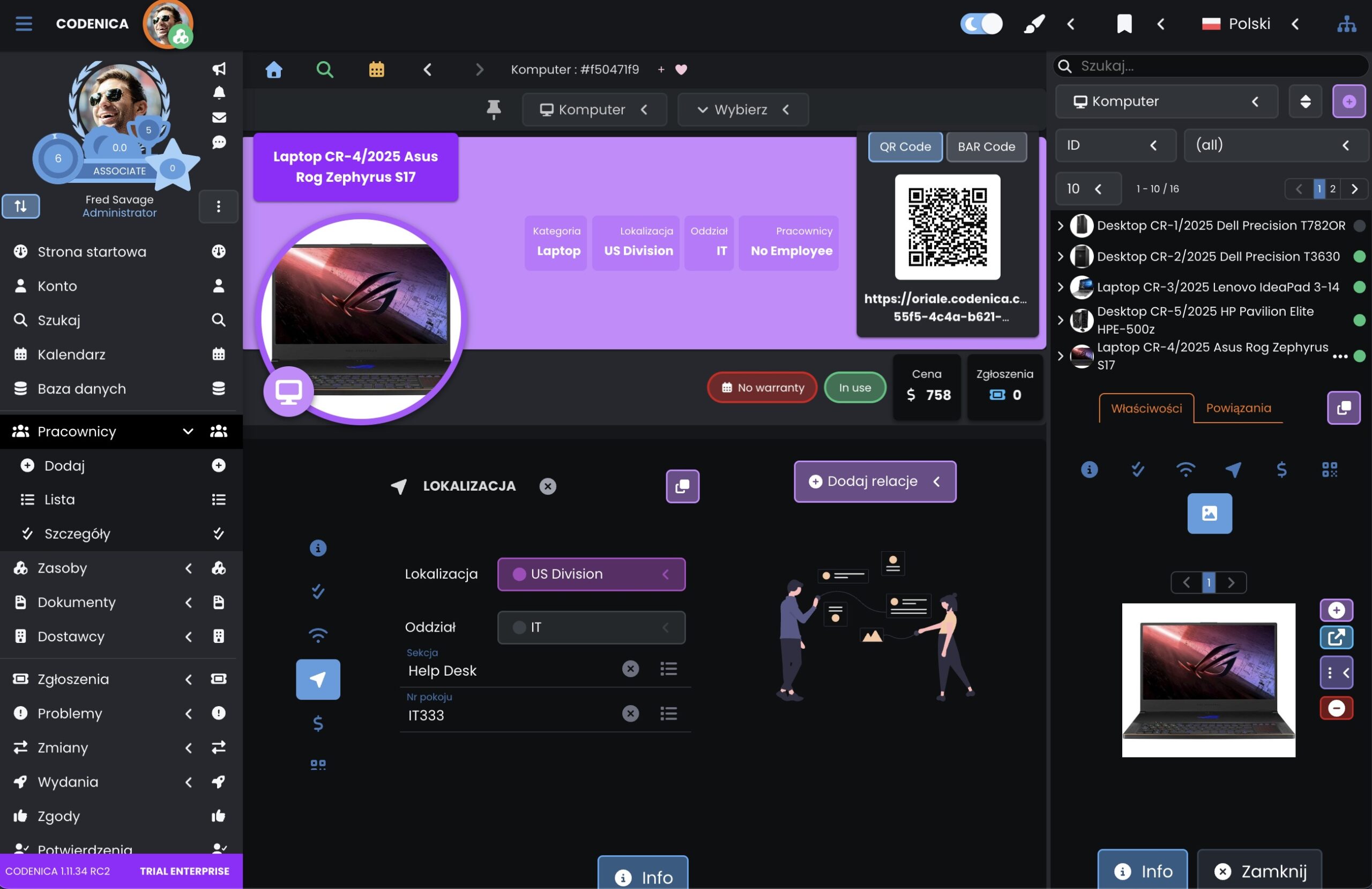 Widok szczegółowy w programie do zarządzania zasobami IT - tryb ciemny - Codenica (ITSM & ITAM)