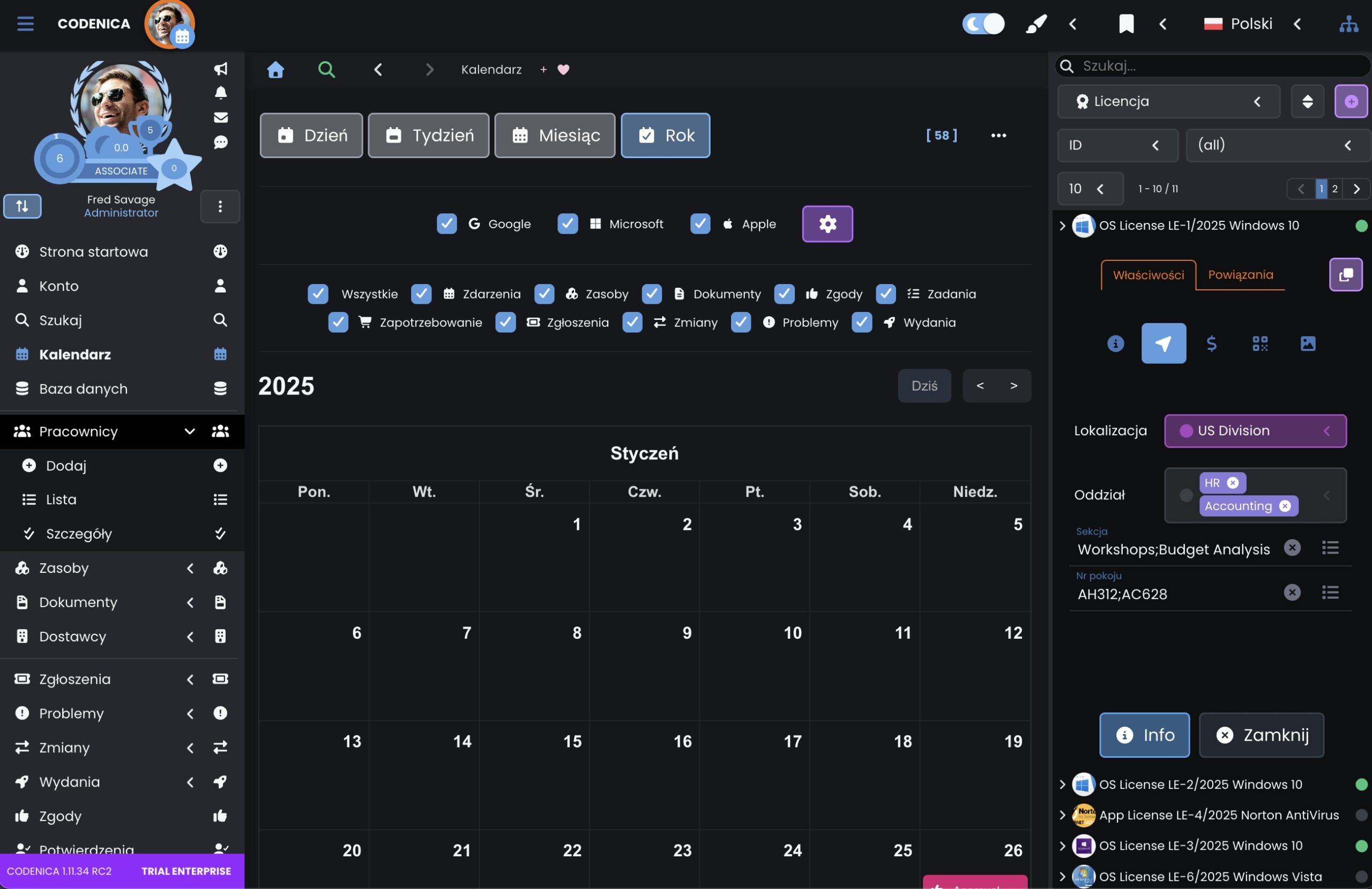Kalendarz w programie do zarządzania zasobami IT - tryb ciemny - Codenica (ITSM & ITAM)