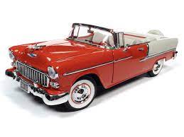 Autoworld  AMM1265 1:18 1955 Chevy Belair Convertible Gypsy Red and India Ivory two-tone paint.UP