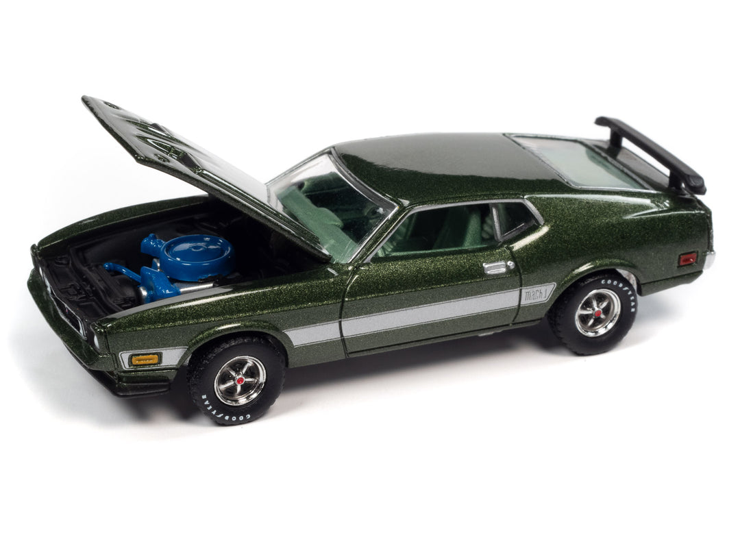 AUTO WORLD AWSP099B  1973 FORD MUSTANG MACH 1 (IVY GLOSS POLY W/SILVER SIDE STRIPES) 1:64 DIECAST 2B