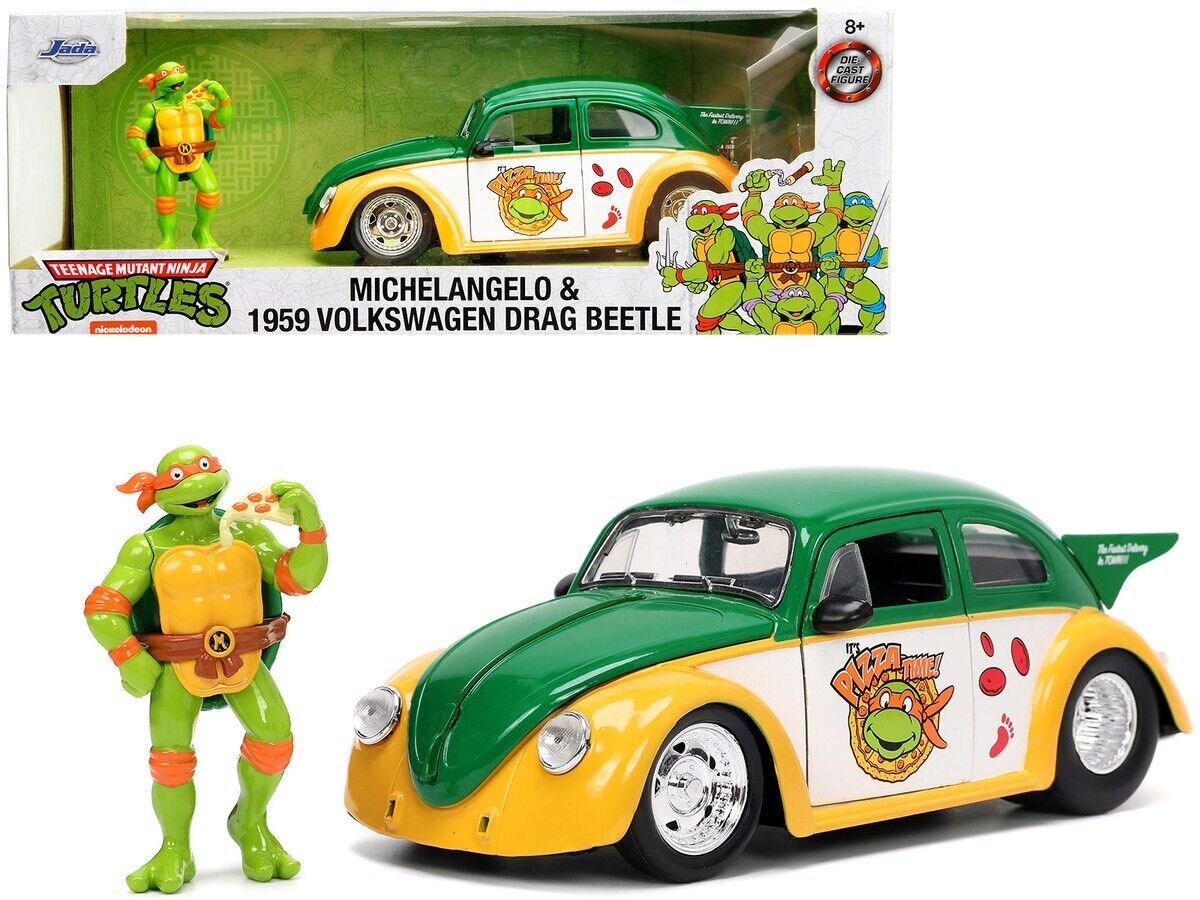 Jada 33741 1/24 1959 Volkswagen Drag Beetle & Michelangelo Figure Teenage Mutant Ninja Turtles