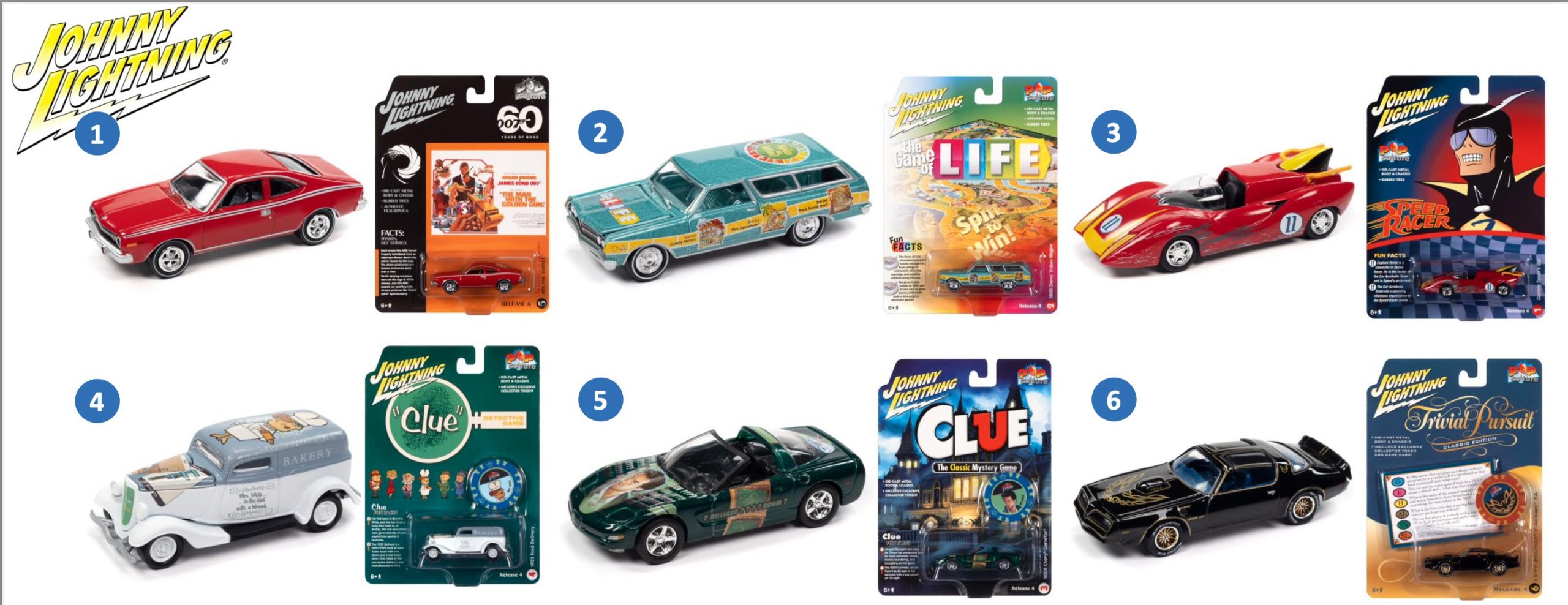 Autoworld JLPC009 Johnny Lightning Pop Culture 2022 Release 4. 6 Assorted Models per a box. (B7)