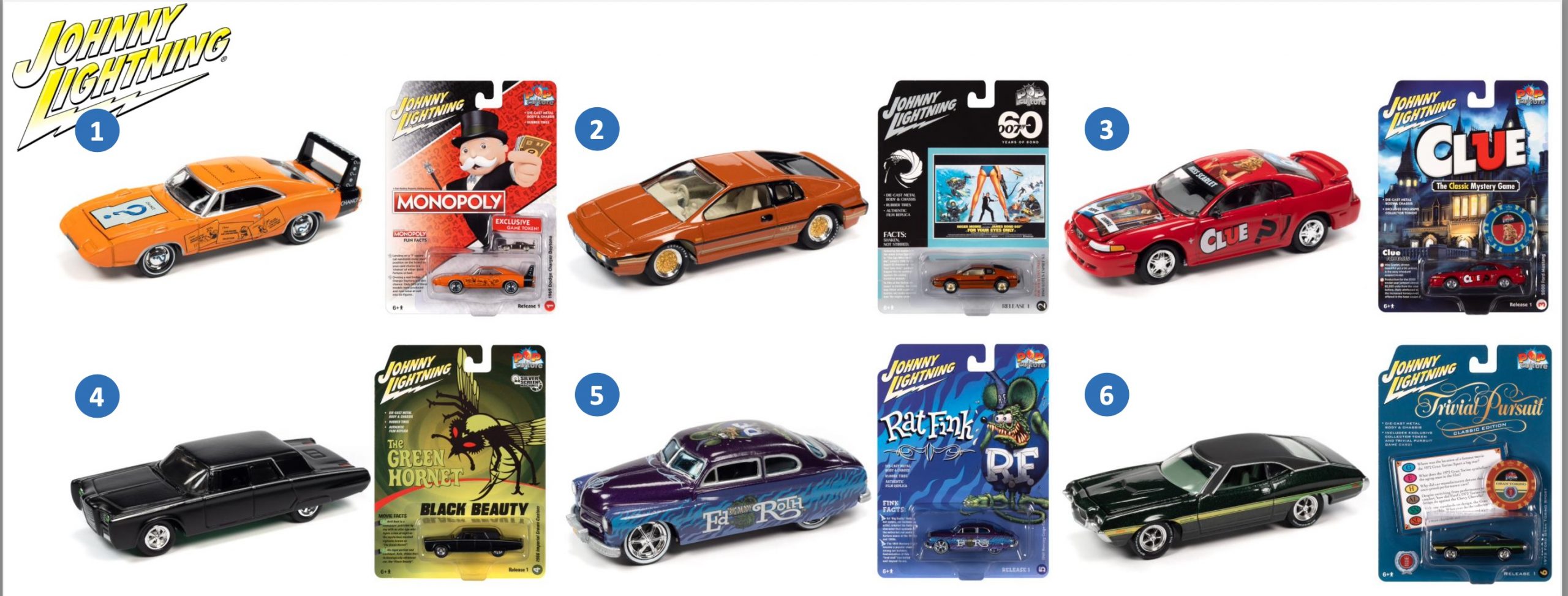 Autoworld JLPC006 Johnny Lightning Pop Culture 2022 Release 1. 6 Assorted models per box. (B7)