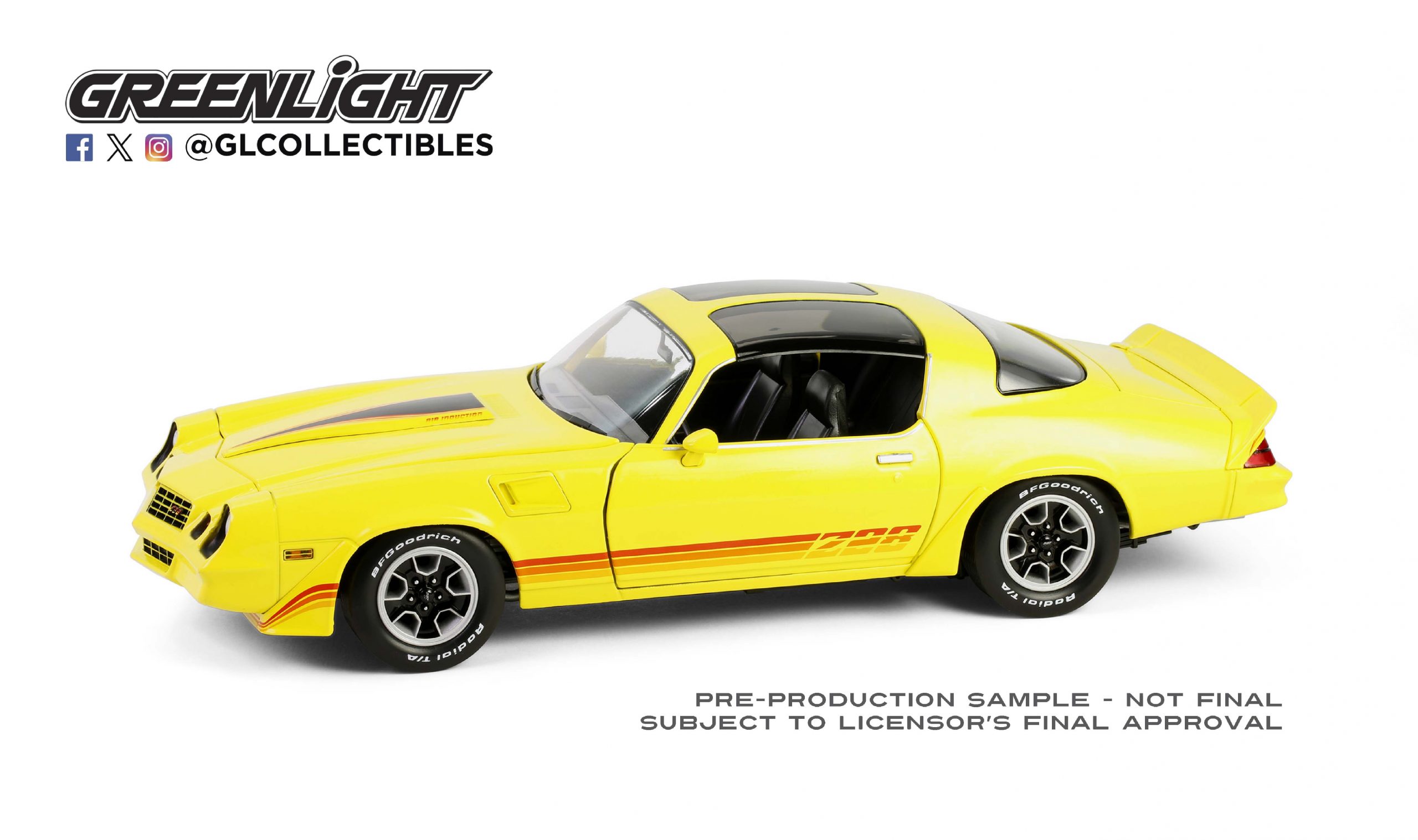 Greenlight 13690 1:18 1980 Chevrolet Camaro Z/28 with T-Tops – Bright Yellow with Red Tri Color Stripes BAY 3 ROW 3
