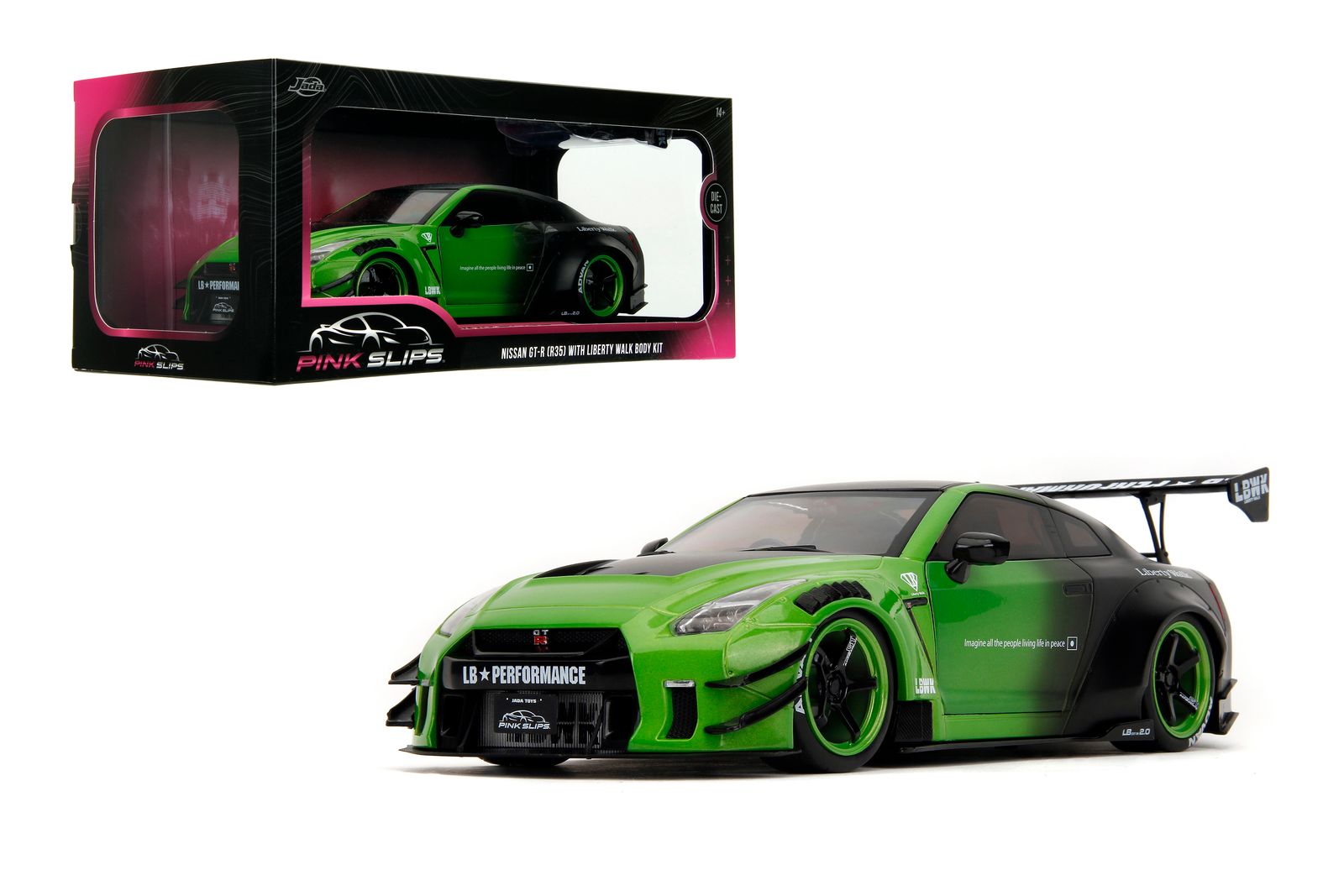 Jada 35724 1/18 Pink Slips Nissan GT-R (R35) Liberty Walk. Metallic Green Primer Black.Opening doors