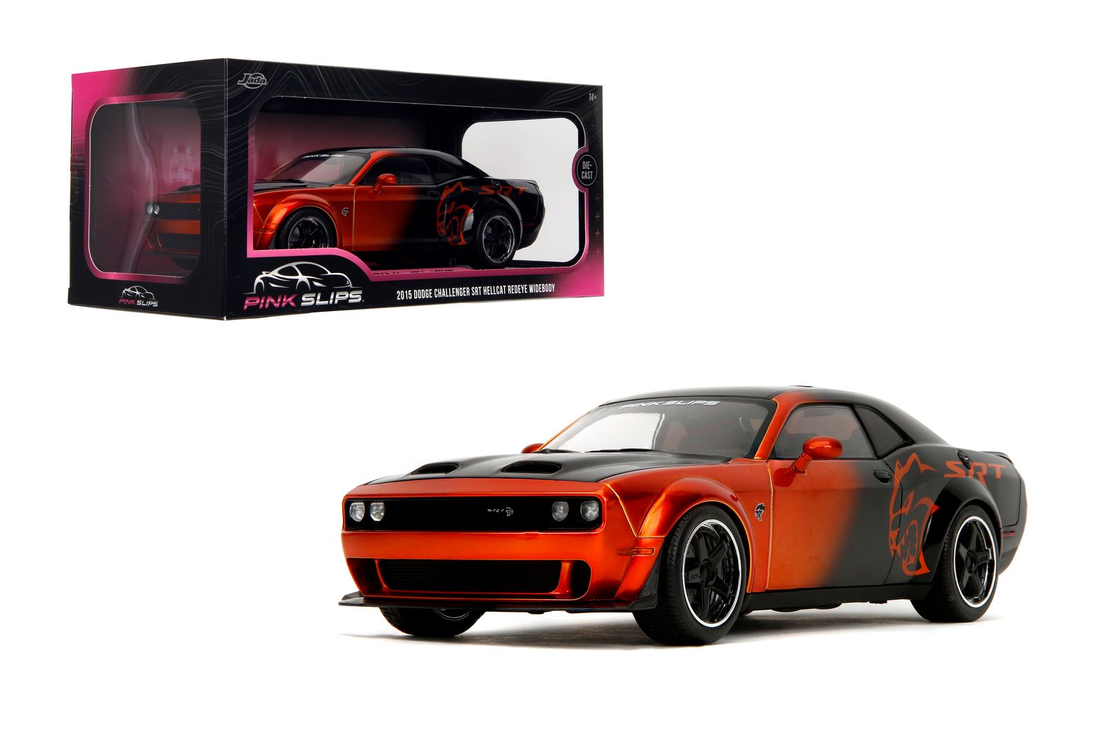 Jada 35722 1/18 Pink Slips 2015 Dodge Challenger SRT Hellcat. Redeye Widebody Candy Orange /Black -Opening doors
