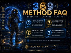 369 method FAQ image with an astronaut beside a cosmic question and answer control panel