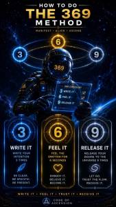 369 method step guide infographic with an astronaut using a holographic 3 6 9 checklist in space