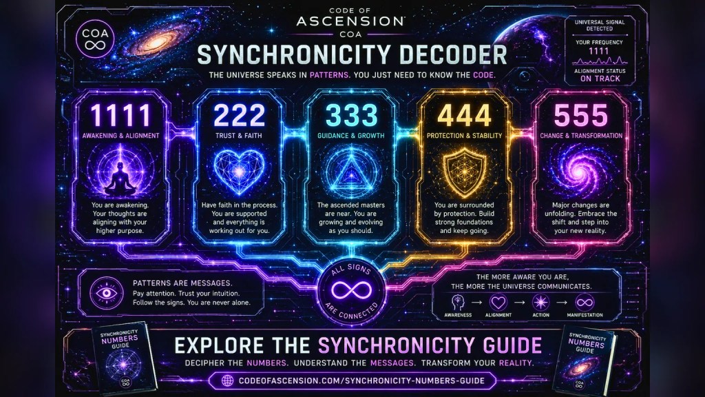Code of Ascension visual guide to Synchronicity decoder with 1111 222 333 444 and 555 angel number meanings.