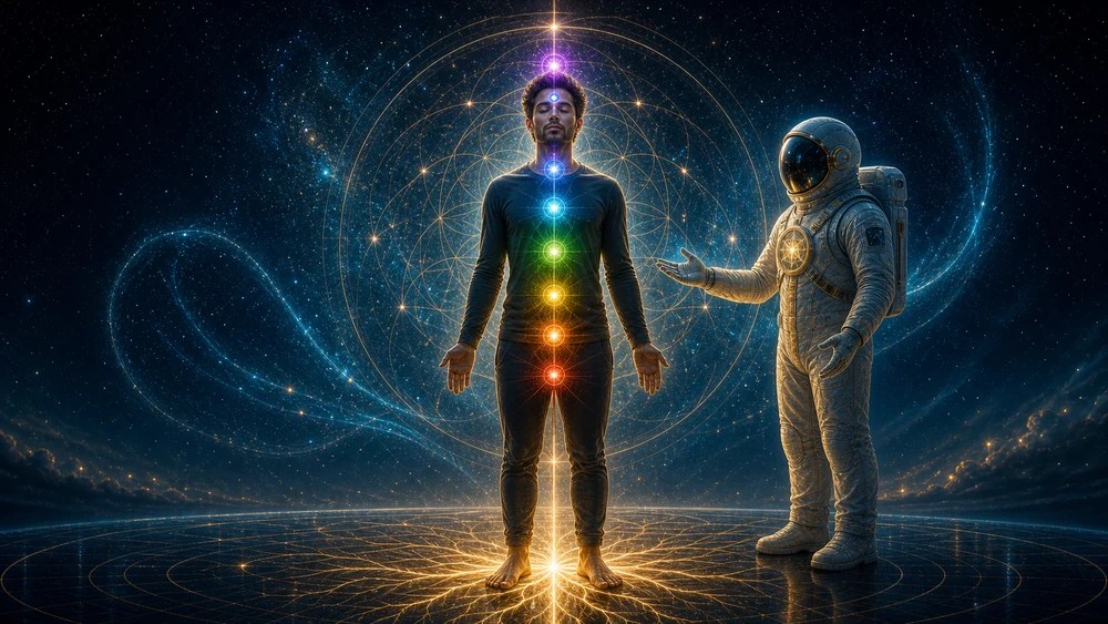 Person stands with seven glowing chakras along the body in a cosmic, starry setting, an astronaut nearby. Reaching light around feet and head.